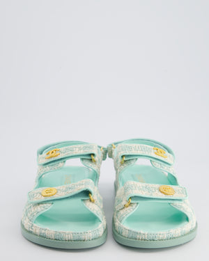 Chanel Tiffany Blue and Cream Houndstooth Tweed Dad Sandals with Gold Logo Detail Size EU 39.5