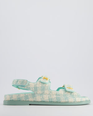 Chanel Tiffany Blue and Cream Houndstooth Tweed Dad Sandals with Gold Logo Detail Size EU 39.5