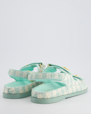 Chanel Tiffany Blue and Cream Houndstooth Tweed Dad Sandals with Gold Logo Detail Size EU 39.5