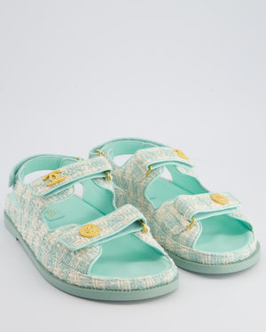 Chanel Tiffany Blue and Cream Houndstooth Tweed Dad Sandals with Gold Logo Detail Size EU 39.5