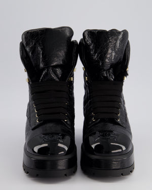 Chanel Black Aged Calfskin Leather Lace Up Boots with Patent CC Toe Detail Size EU 40