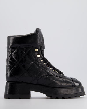 Chanel Black Aged Calfskin Leather Lace Up Boots with Patent CC Toe Detail Size EU 40