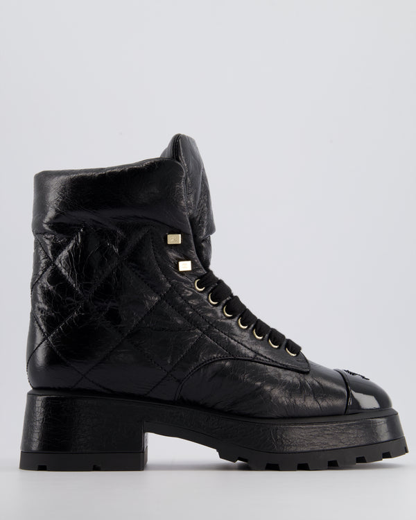 Chanel Black Aged Calfskin Leather Lace Up Boots with Patent CC Toe Detail Size EU 40