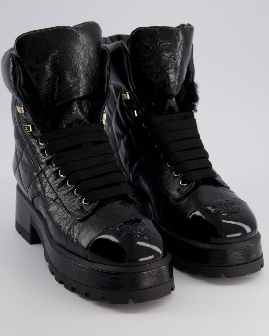 Chanel Black Aged Calfskin Leather Lace Up Boots with Patent CC Toe Detail Size EU 40