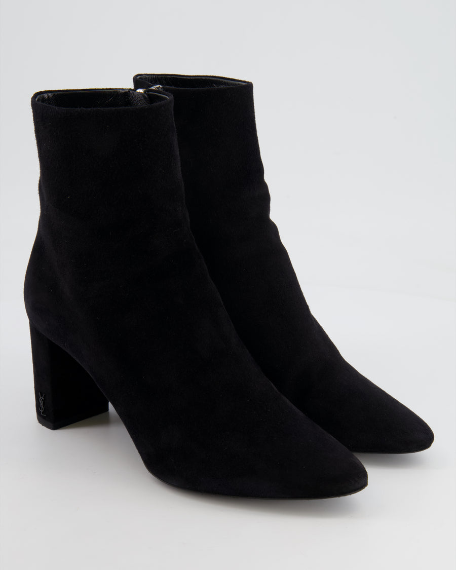 Saint Laurent Black Lou Suede Heeled Ankle Boots with YSL Logo Detail Size EU 39.5 RRP £1,050