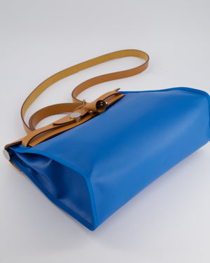 *HOT & RARE* Hermès Herbag 31 in Bleu Zanzibar Berlin Coated Canvas, Natural Vache Hunter Leather and Ecrù Toile H Canvas with Palladium Hardware