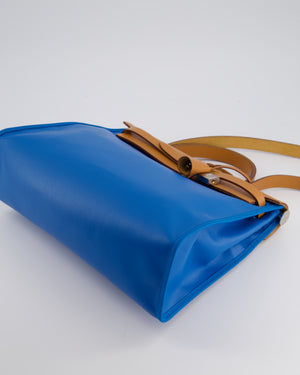 *HOT & RARE* Hermès Herbag 31 in Bleu Zanzibar Berlin Coated Canvas, Natural Vache Hunter Leather and Ecrù Toile H Canvas with Palladium Hardware