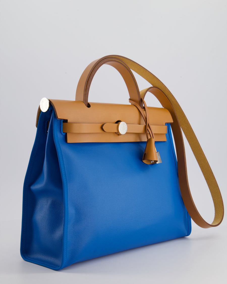 *HOT & RARE* Hermès Herbag 31 in Bleu Zanzibar Berlin Coated Canvas, Natural Vache Hunter Leather and Ecrù Toile H Canvas with Palladium Hardware