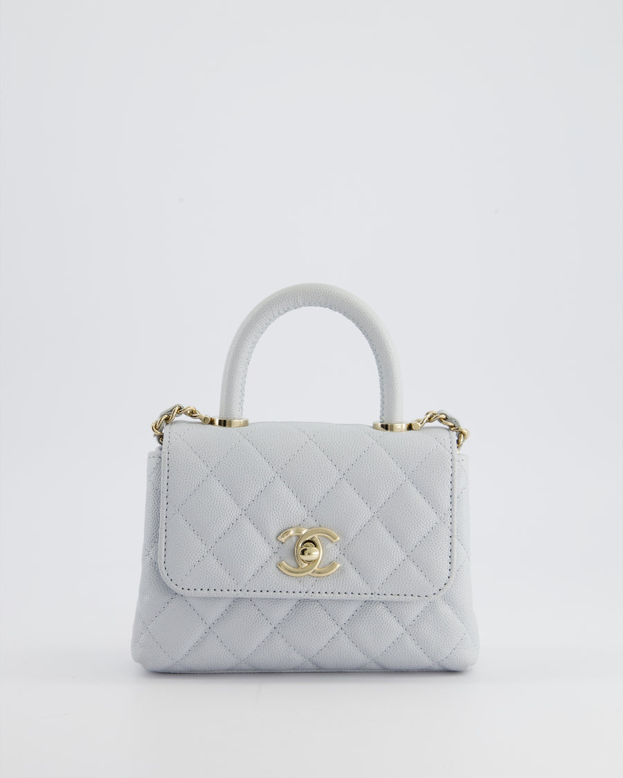 Chanel Pale Blue Extra Mini Coco Top Handle Bag in Caviar Leather with Champagne Gold Hardware