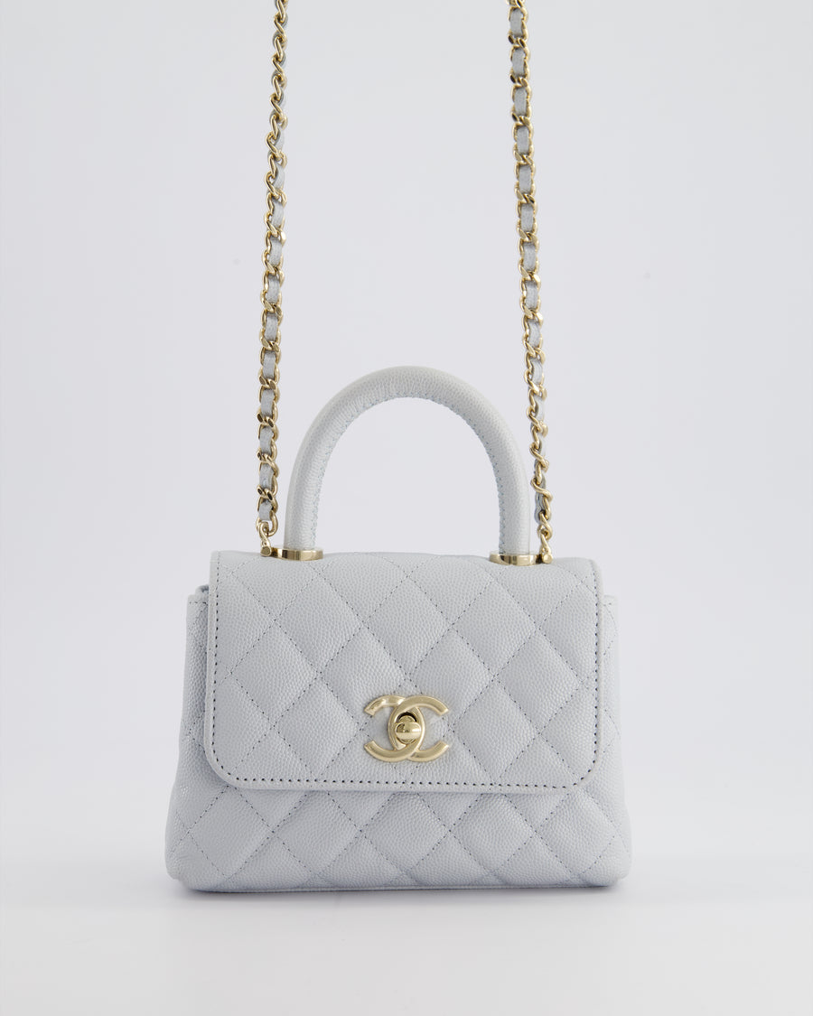 Chanel Pale Blue Extra Mini Coco Top Handle Bag in Caviar Leather with Champagne Gold Hardware