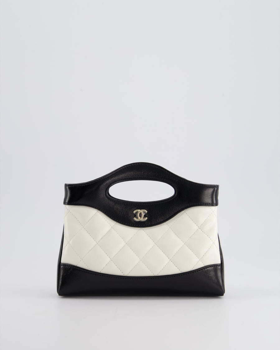 Chanel Mini 31 Clutch Bag with Chain in Black and White Shiny Calfskin Leather with Champagne Gold Hardware