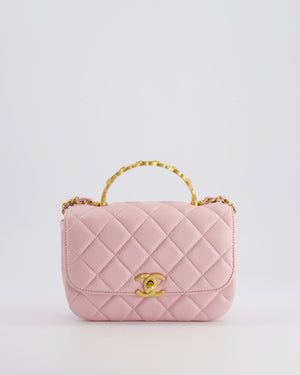 Chanel Pink Single Flap Top Handle Bag in Lambskin Leather with Long Chain and Crystal CC Details in Gold Hardware