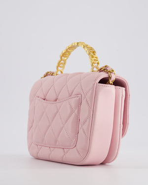 Chanel Pink Single Flap Top Handle Bag in Lambskin Leather with Long Chain and Crystal CC Details in Gold Hardware