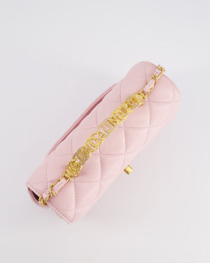 Chanel Pink Single Flap Top Handle Bag in Lambskin Leather with Long Chain and Crystal CC Details in Gold Hardware