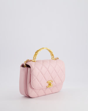 Chanel Pink Single Flap Top Handle Bag in Lambskin Leather with Long Chain and Crystal CC Details in Gold Hardware