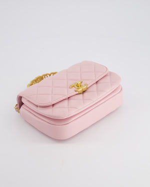 Chanel Pink Single Flap Top Handle Bag in Lambskin Leather with Long Chain and Crystal CC Details in Gold Hardware