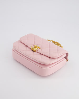 Chanel Pink Single Flap Top Handle Bag in Lambskin Leather with Long Chain and Crystal CC Details in Gold Hardware