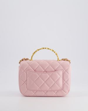 Chanel Pink Single Flap Top Handle Bag in Lambskin Leather with Long Chain and Crystal CC Details in Gold Hardware