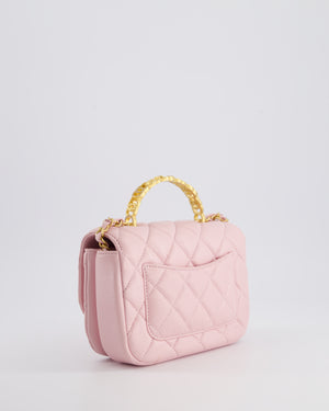 Chanel Pink Single Flap Top Handle Bag in Lambskin Leather with Long Chain and Crystal CC Details in Gold Hardware