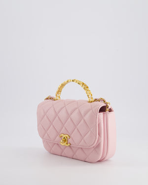 Chanel Pink Single Flap Top Handle Bag in Lambskin Leather with Long Chain and Crystal CC Details in Gold Hardware