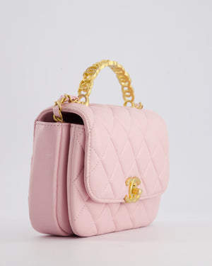 Chanel Pink Single Flap Top Handle Bag in Lambskin Leather with Long Chain and Crystal CC Details in Gold Hardware