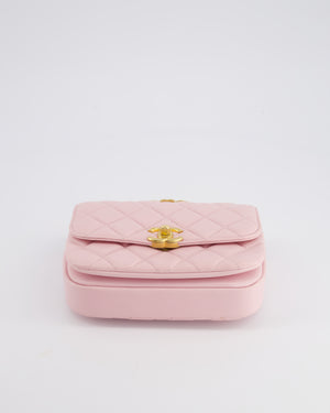 Chanel Pink Single Flap Top Handle Bag in Lambskin Leather with Long Chain and Crystal CC Details in Gold Hardware