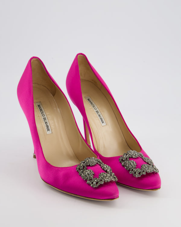 Manolo Blahnik Fuchsia Satin Silk Hangisi 105 Embellished Pumps Size EU 40