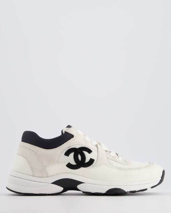 Chanel White Leather and Mesh Trainers with Black CC Logo Size EU 38.5