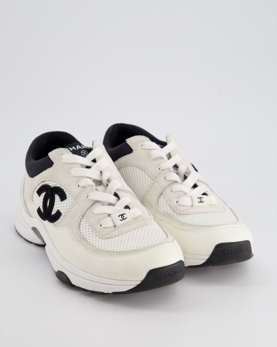 Chanel White Leather and Mesh Trainers with Black CC Logo Size EU 38.5