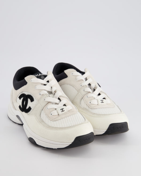 Chanel White Leather and Mesh Trainers with Black CC Logo Size EU 38.5