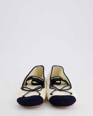 Miu Miu Cream and Navy Crochet Ballet Flats with Black Logo Strap Size EU 39