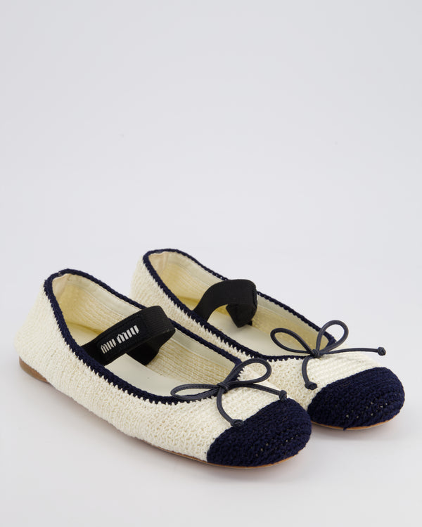 Miu Miu Cream and Navy Crochet Ballet Flats with Black Logo Strap Size EU 39