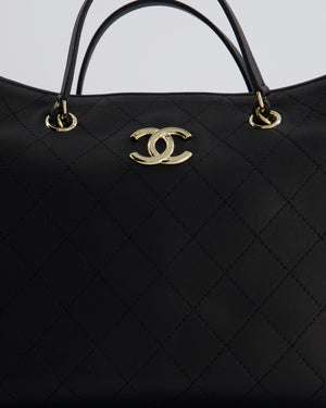 Chanel Black Quilted Tote Bag in Calfskin Leather with Champagne Hardware & CC Detail