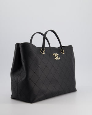 Chanel Black Quilted Tote Bag in Calfskin Leather with Champagne Hardware & CC Detail