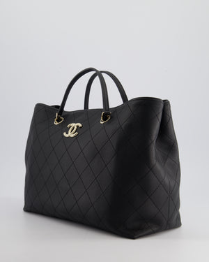 Chanel Black Quilted Tote Bag in Calfskin Leather with Champagne Hardware & CC Detail