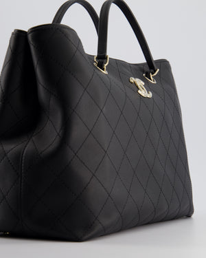 Chanel Black Quilted Tote Bag in Calfskin Leather with Champagne Hardware & CC Detail