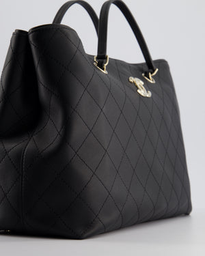 Chanel Black Quilted Tote Bag in Calfskin Leather with Champagne Hardware & CC Detail