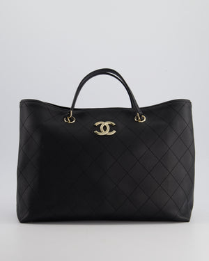 Chanel Black Quilted Tote Bag in Calfskin Leather with Champagne Hardware & CC Detail