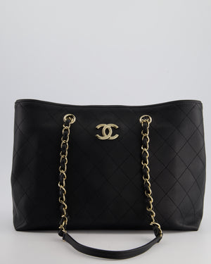 Chanel Black Quilted Tote Bag in Calfskin Leather with Champagne Hardware & CC Detail