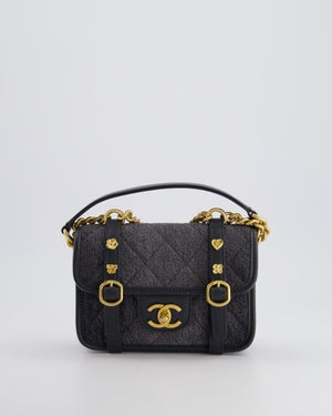 Chanel Grey Mini Denim Flap Bag with Brushed Gold Hardware and Charm Detail