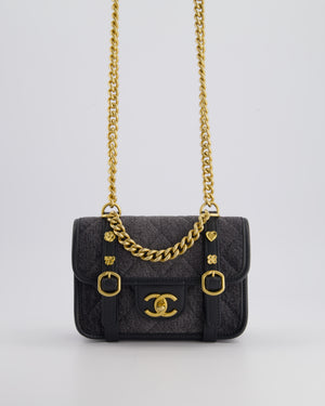 Chanel Grey Mini Denim Flap Bag with Brushed Gold Hardware and Charm Detail