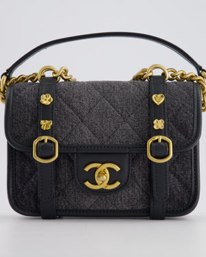 Chanel Grey Mini Denim Flap Bag with Brushed Gold Hardware and Charm Detail