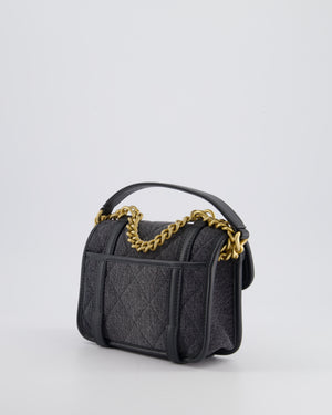 Chanel Grey Mini Denim Flap Bag with Brushed Gold Hardware and Charm Detail