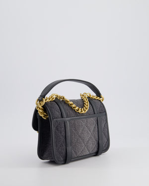 Chanel Grey Mini Denim Flap Bag with Brushed Gold Hardware and Charm Detail