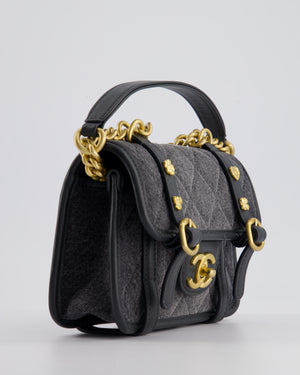 Chanel Grey Mini Denim Flap Bag with Brushed Gold Hardware and Charm Detail