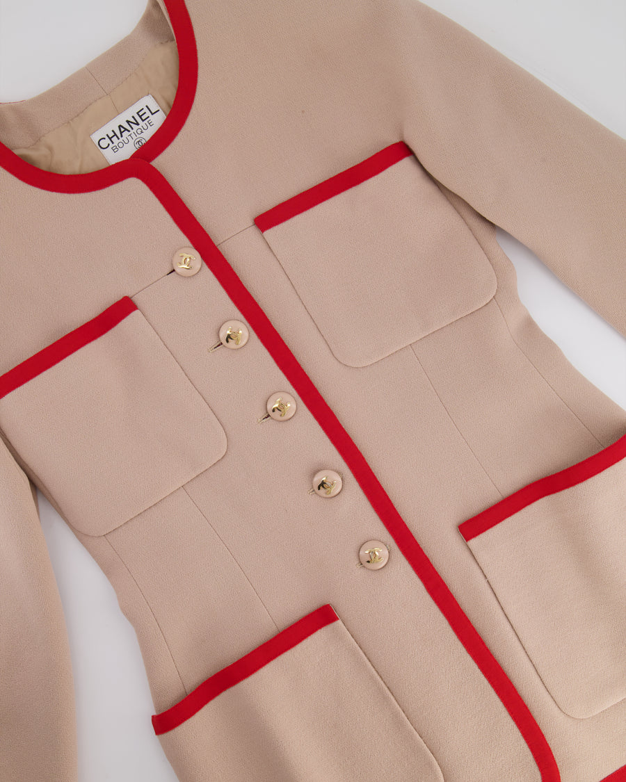 Chanel Vintage Wool Beige and Red Jacket with Gold CC Button Details Size FR 38 (UK 10)