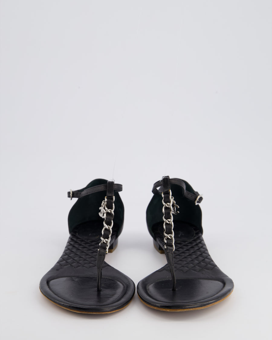 Chanel Black Leather Sandal with Chain CC Detail Size EU 40C