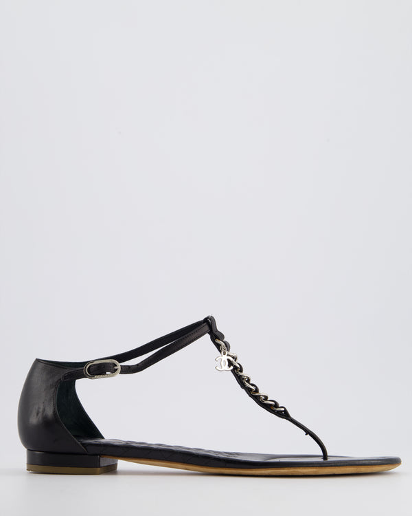 Chanel Black Leather Sandal with Chain CC Detail Size EU 40C