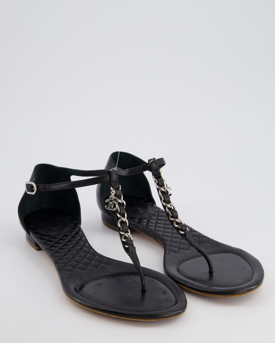 Chanel Black Leather Sandal with Chain CC Detail Size EU 40C