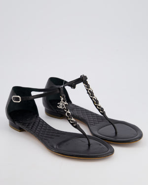 Chanel Black Leather Sandal with Chain CC Detail Size EU 40C